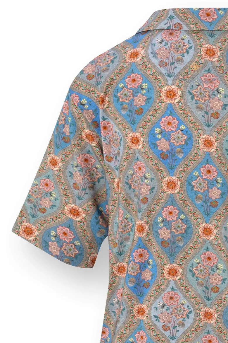 Flora Top Kurze Ärmeln Ornamento Blau