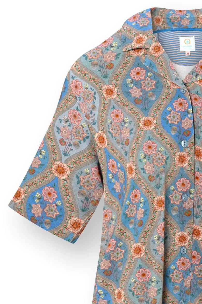 Flora Top Kurze Ärmeln Ornamento Blau