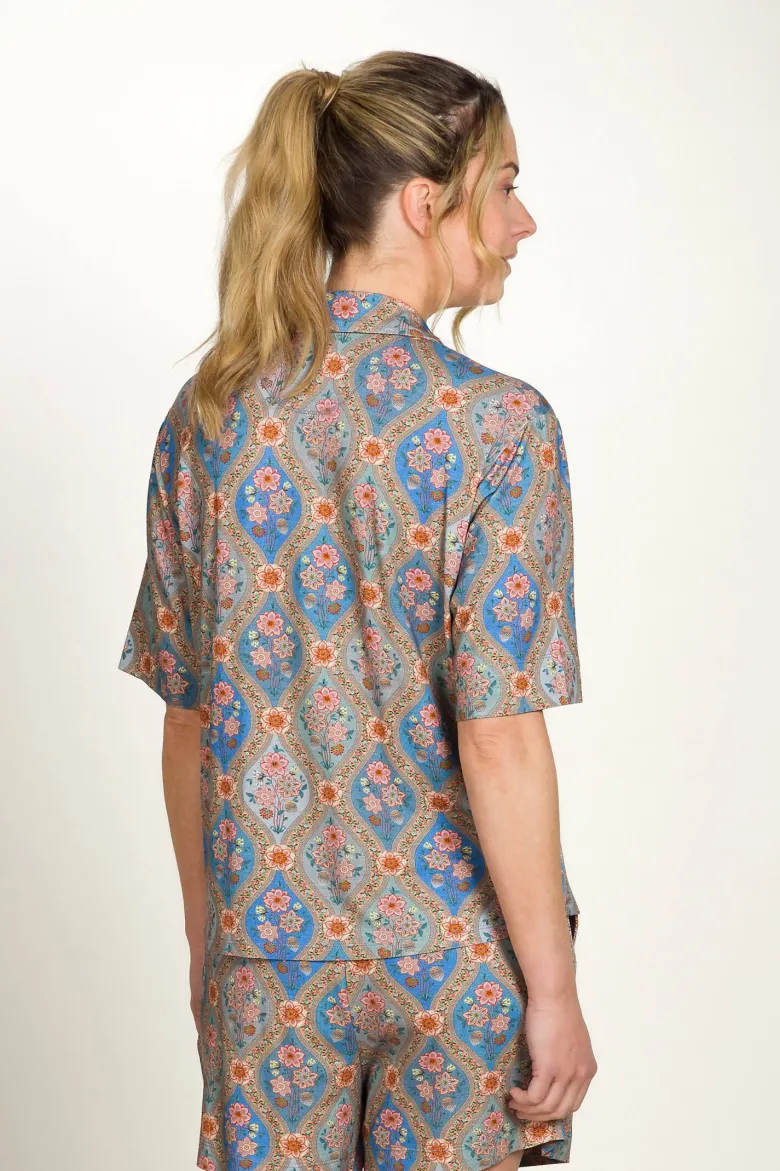 Flora Top Kurze Ärmeln Ornamento Blau