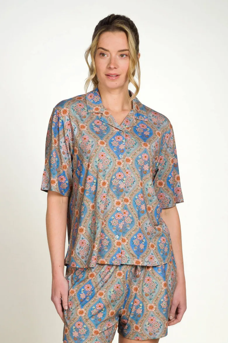 Flora Top Kurze Ärmeln Ornamento Blau