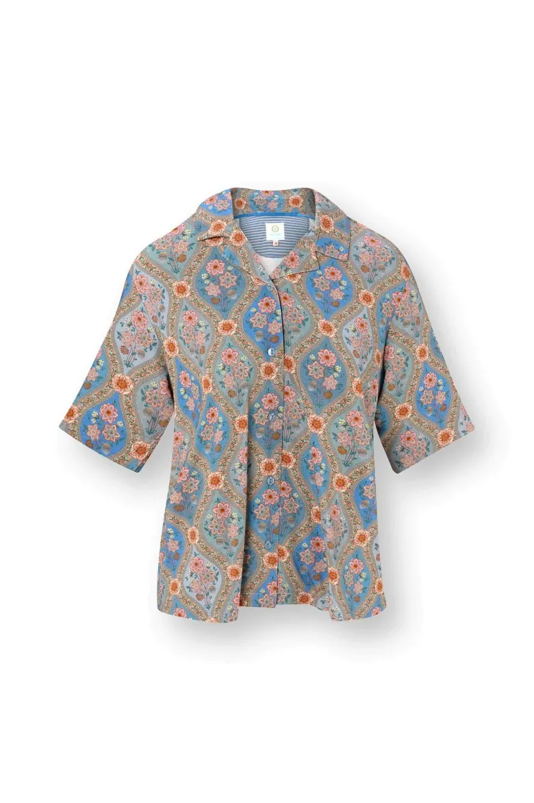 Flora Top Kurze Ärmeln Ornamento Blau
