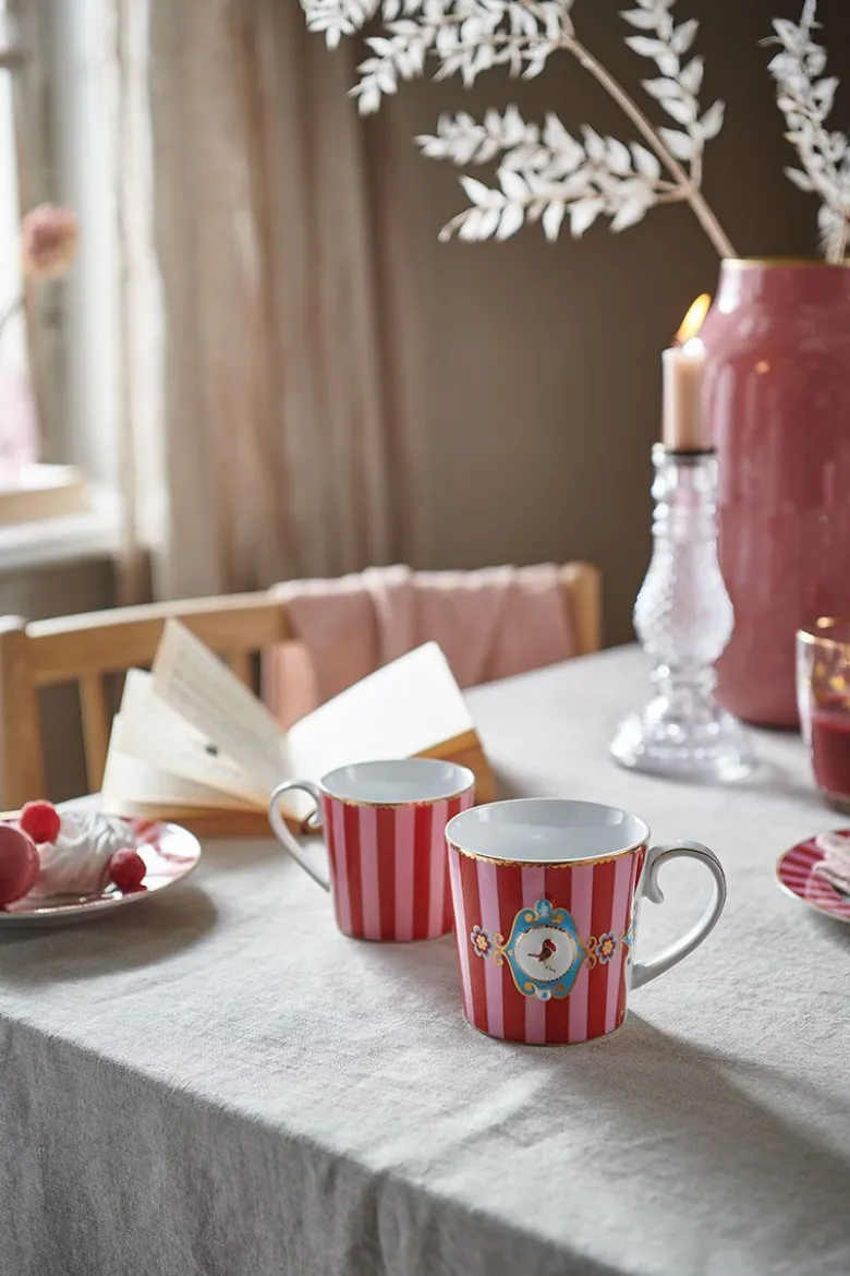 Love Birds Tasse Gross Gestreift Rot/Rosa