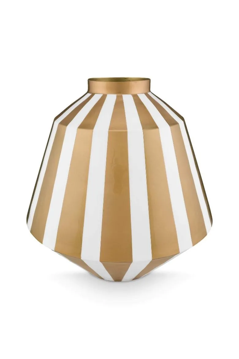 Metall Vase Streifen Weiß Gold 35cm