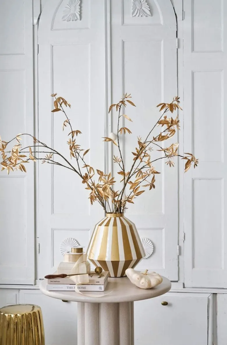 Metall Vase Streifen Weiß Gold 35cm