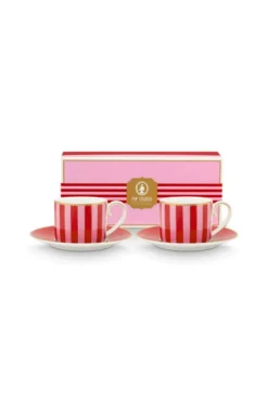 Set/2 Espresso Tasse & Untertasse Love Birds Streifen Rot-Rosa