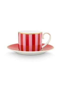 Set/2 Espresso Tasse & Untertasse Love Birds Streifen Rot-Rosa