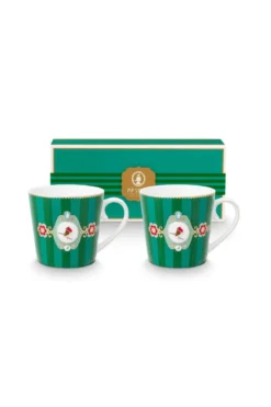 Set/2 Tassen Groß Love Birds Medallion Streifen Emerald-Grün