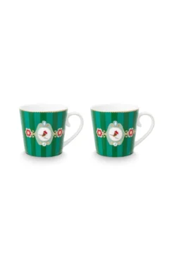 Set/2 Tassen Groß Love Birds Medallion Streifen Emerald-Grün