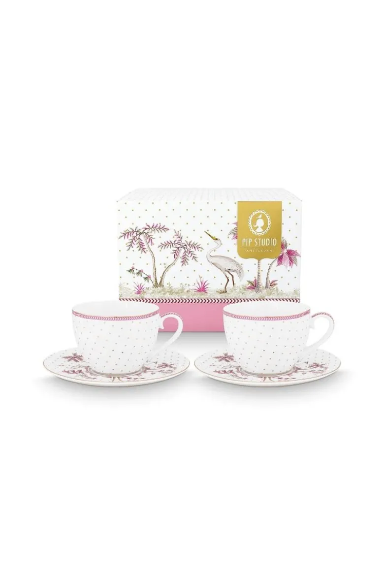 Set/2 Tassen & Untertassen Jolie Punkte Gold Rosa