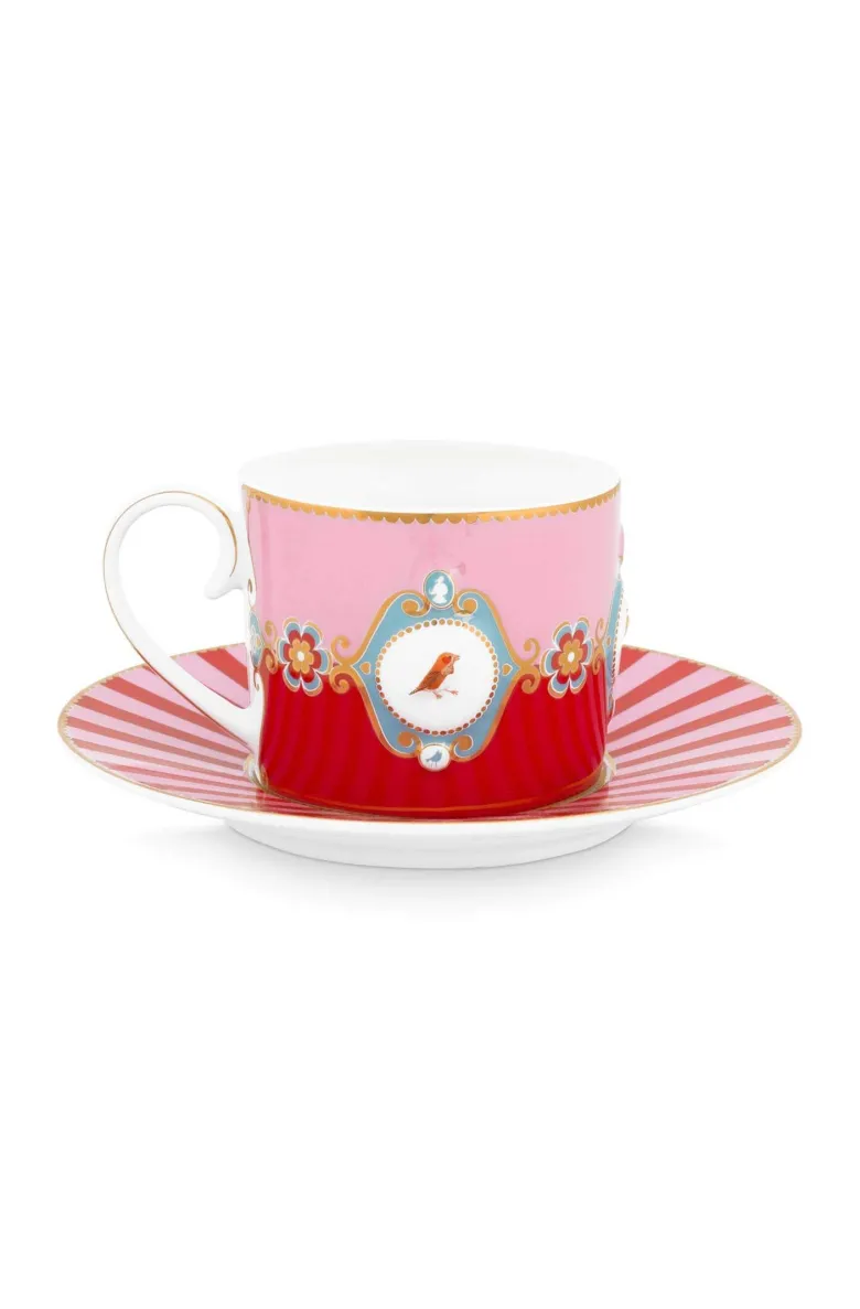 Set/2 Tasse & Untertasse Love Birds Medallion Rot-Rosa