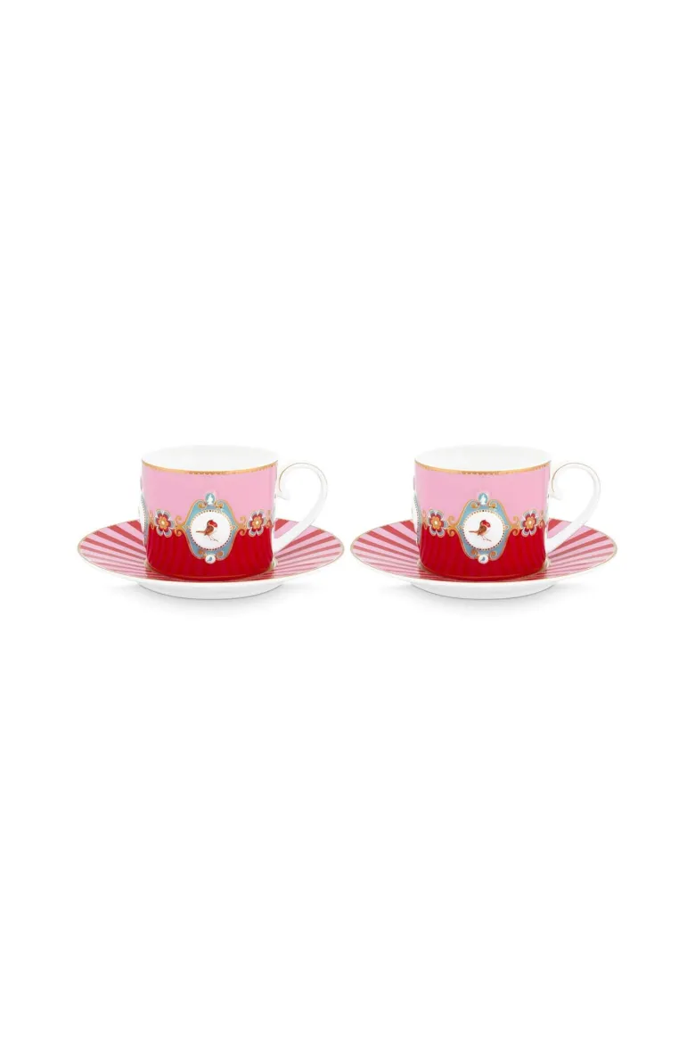 Set/2 Tasse & Untertasse Love Birds Medallion Rot-Rosa
