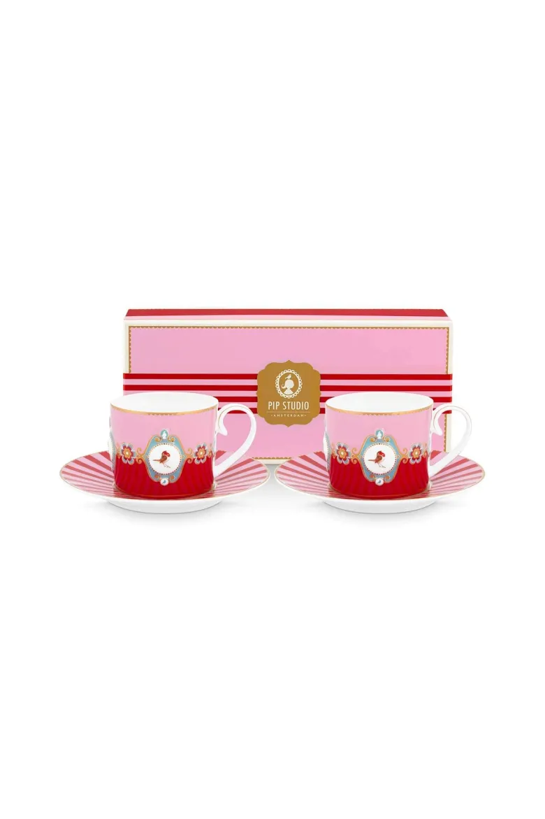 Set/2 Tasse & Untertasse Love Birds Medallion Rot-Rosa