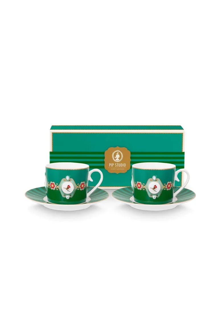 Set/2 Tasse & Untertasse Love Birds Medallion Emerald-Grün