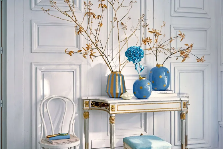Vase Metall Streifen Hellblau/Gold 29cm